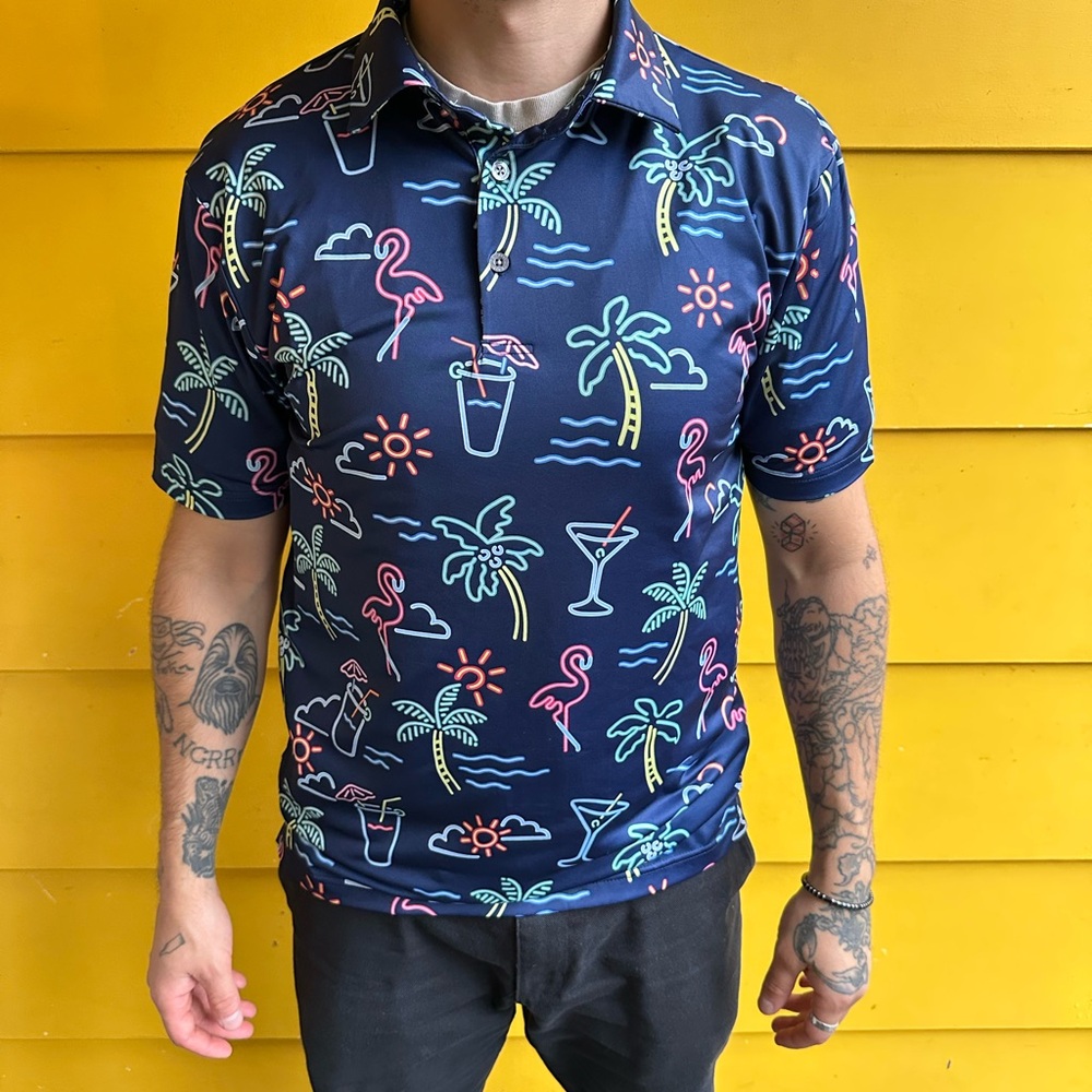 Navy Tropical Print Men's Polo Shirt 👕